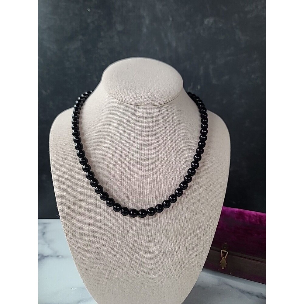 12K GF Clasp Black Beaded Glass Necklace, Vintage